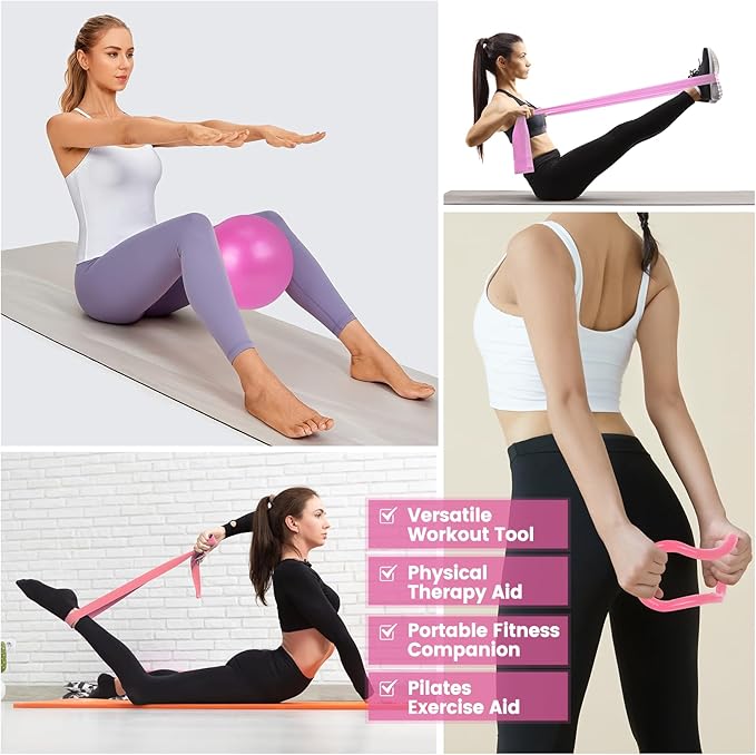 JITUIHOM Home Pilates Essentials Kit for Women - Complete Pink Equipment Set with 9 Inch Yoga Ball, Figure 8 Resistance Band, Bands & Accessories, Ring for Beginners Workouts