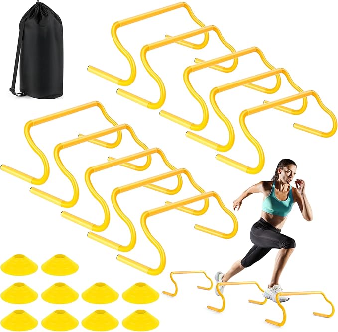 Agility Hurdles Training Equipment - 10 Speed Hurdles and 10 Soccer Cones with Carrying Bag for Soccer, Football, and Track Drills, Ideal for Athletes Speed and Agility Training (Yellow)