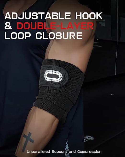 Jaffick Elbow Wraps for Weightlifting (1 Pair) - Double-Layer Reinforced 40'' Elastic Elbow Brace Compression Strap & Gym Joint Support Brace - for Bench Press, Powerlifting, and Pressing