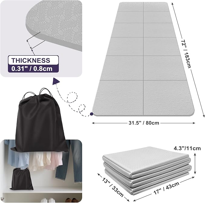 Foldable Yoga Mat for Travel 72"x 32"x 0.32"Inch, 8mm Thick Folding Exercise Mat, Outdoor Non-slip Pilates Mat for Women & Men, Wide Yoga Mat Packable for Workout and Fitness