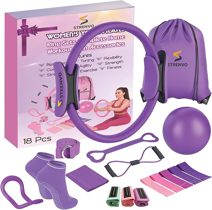 Yoga Pilates Ring Set for Home Workouts – 18 Pcs Fitness Kit for Women – Resistance & Toning Accessories with Circle Ring, Ideal for Full Body Toning & Flexibility