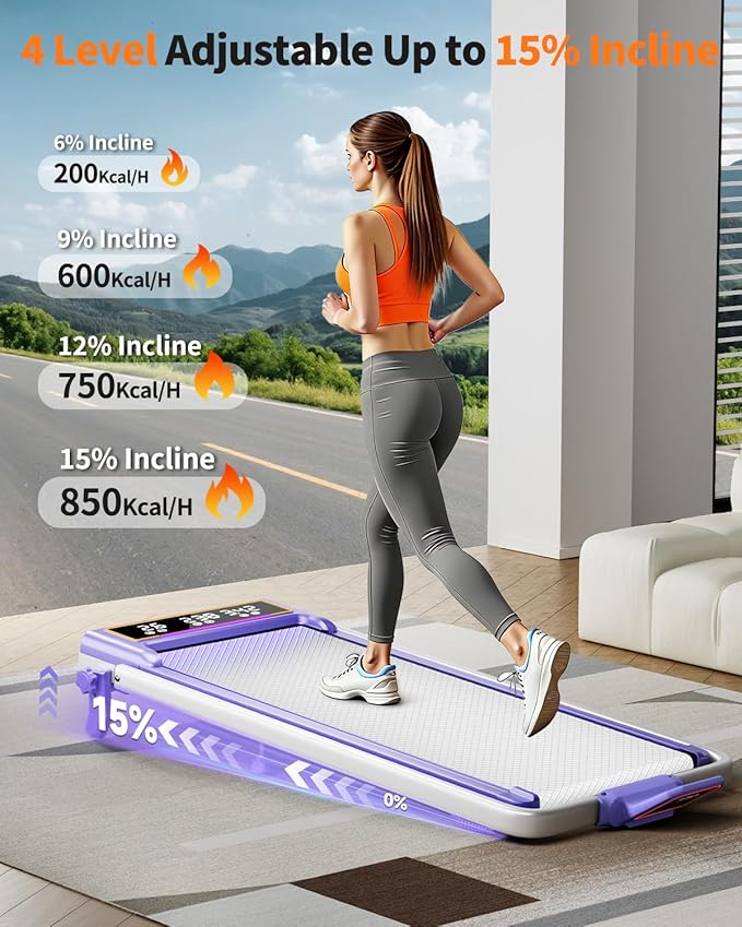 Folding Walking Pad with 15% Incline/RGB Light/Dual Screen Display, 3.5HP Treadmills for Home, Portable Walking Pad Treadmill with Handle Bar and 4 Adjustable Incline, 350lbs Capacity, Smart App