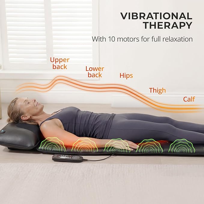 Shiatsu Full Body Massage Mat with Heat, Detachable Massager Pad, 10 Vibrating Motors, 9 Intensity Levels, Deep Tissue Pain Relief for Back, Neck & Legs – Relaxation at Home or Office