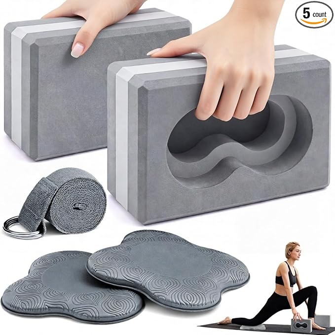 2 Pack Yoga Blocks Wrist Support Yoga Blocks with Knee Pads and Strap to Put Less Weight on Wrist Improve Comfort and Grip, EVA Foam Pilates Exercise Balance Stretching Accessories