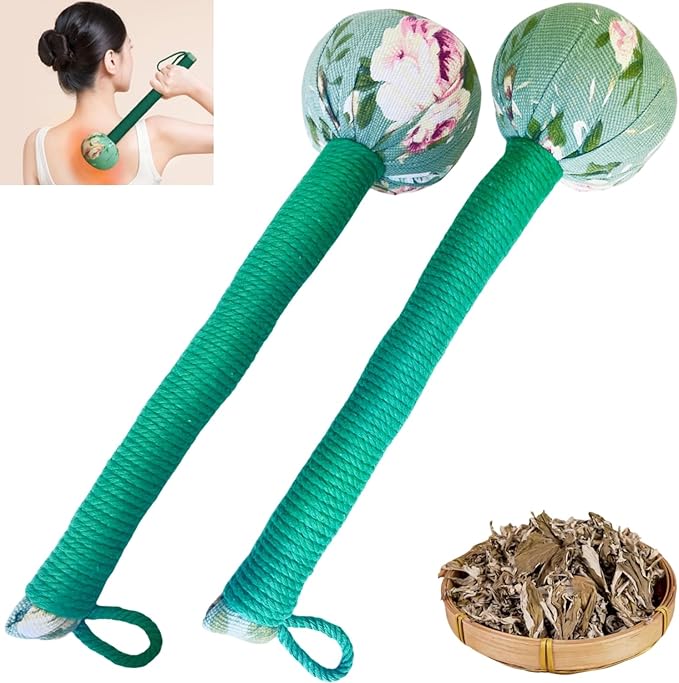 Lymphatic Drainage Hammer,Manual Body Massage Hammer,Long Size Wormwood Massage Hammer,Back Knock Long Handheld Massage Hammer for Back Pain Relief 2pcs Green 12.5IN