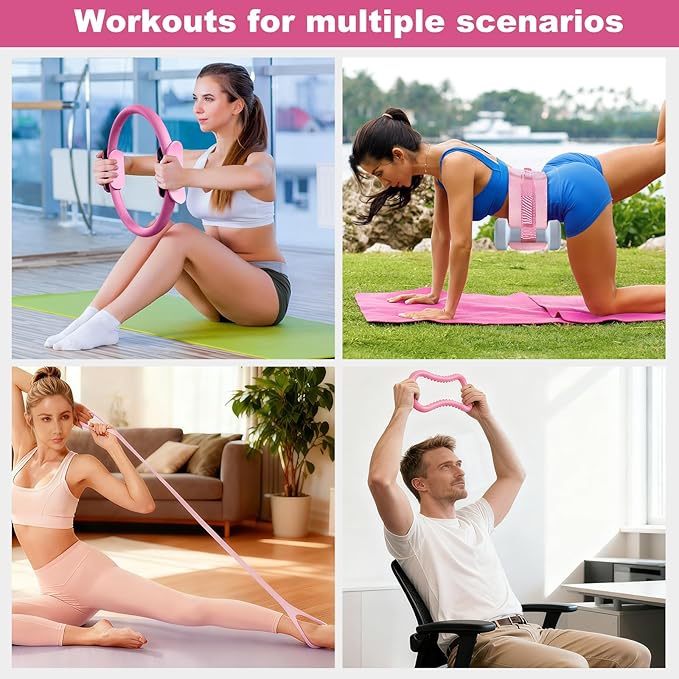 Pilates Kit, Home Pilates Essentials Kit for Women, Pilates Equipment Ring and Ball Set, Magic Circle with 5 Resistance Bands, Hip Thrust Belt & Accessories, Toning Fitness Starter Set