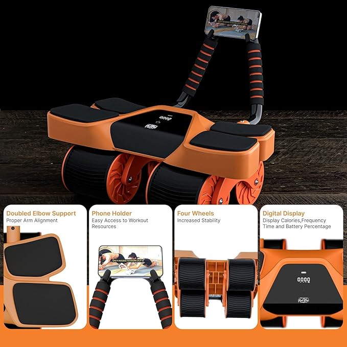 2026 New 4-Wheel Abdominal Roller with Elbow Support : Latest Upgraded High-Performance Exercise Machine With Automatic Rebound, Multi- layered Anti-Slip Design with Calorie Counting LCD Screen