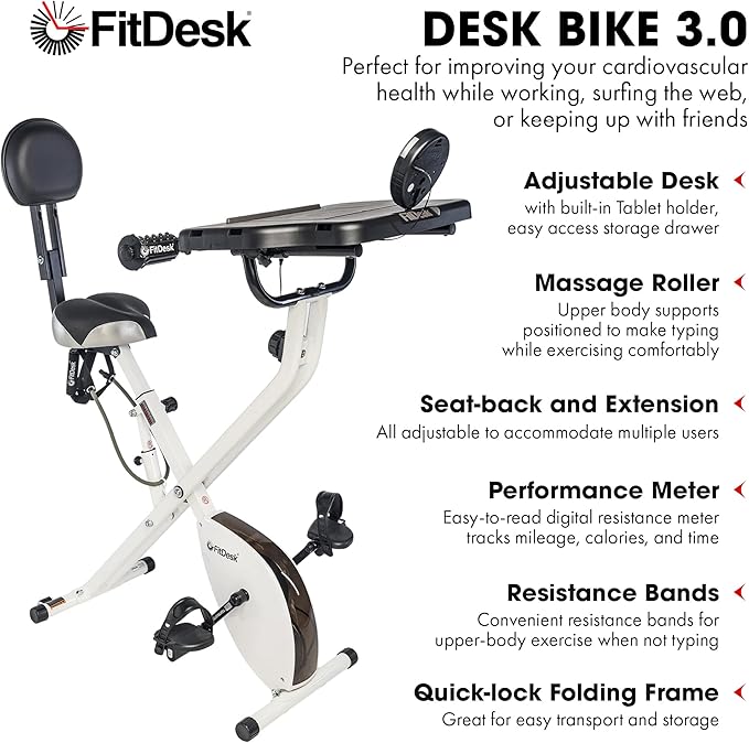 FitDesk Standing Exercise Bike Desk 3.0, Adjustable Height Indoor Cycling Trainer with Laptop Tray, Portable Stationary Fitness Desk for Home Office, Foldable Exercise Workstation, Supports 300 lbs