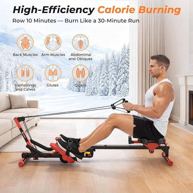 Ab Machine and Rowing Machine, 4 in 1 Rowing Machines for Home with 3 Levels of Workout Resistance, Quiet & Foldable Row Machine with 3 Adjustable Handle Heights & LCD Monitor, Rower Machine for Home