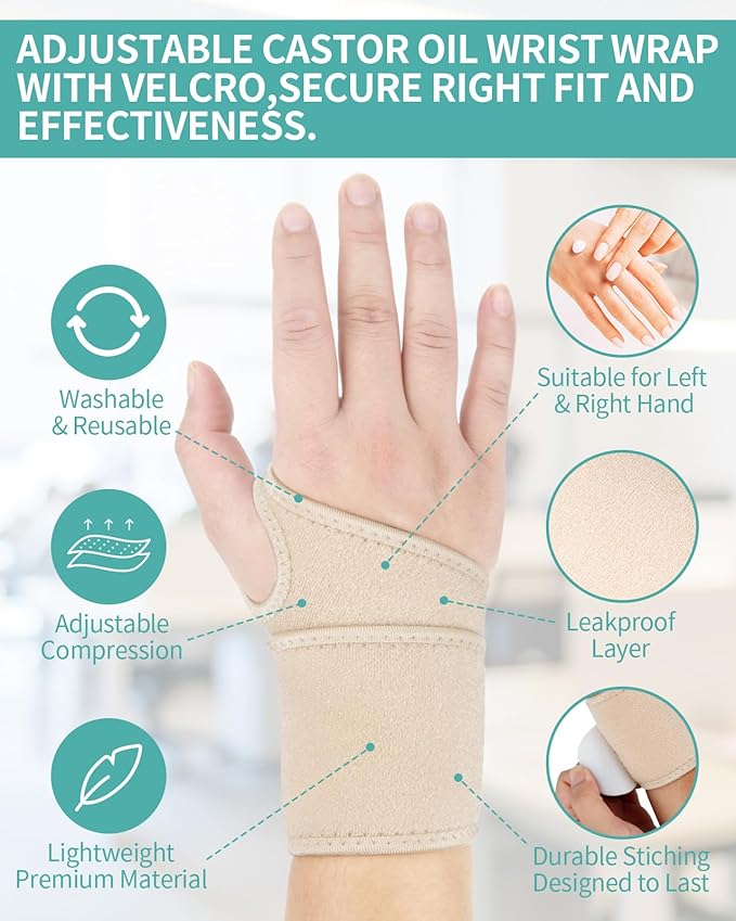 2PCS Castor Oil Pack Wrap for Wrist Hand Wrap Wrist Brace for Carpal Tunnel Relief,Adjustable Reusable Compression Support for Women Men Right & Left Hands,Castor Oil Not Included