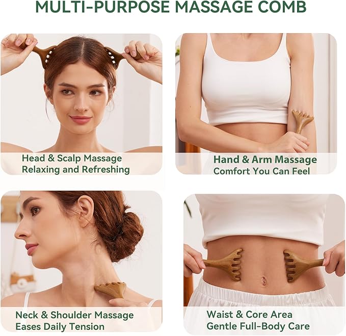 Wooden Handheld Manual Massage Tools, Meridian Massage Brush, Scalp Massage Tool, Head Massager, Neck Massager, Back Massager Hand Held, Arm & Leg Massager, Green Sandalwood Lymphatic Massage Tools