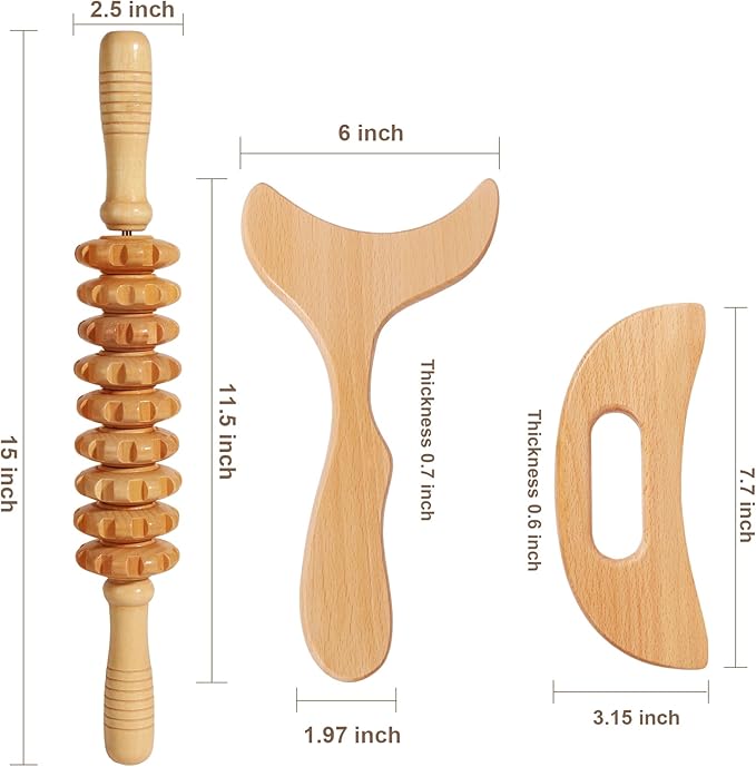 3 in 1 Lymphatic Drainage Massager Wood Manual Fascia Massage Roller and Gua Sha Tool Set for Body Release Cellulite Anti Cellulite and Relieve Muscle Fatigue 3 Packs