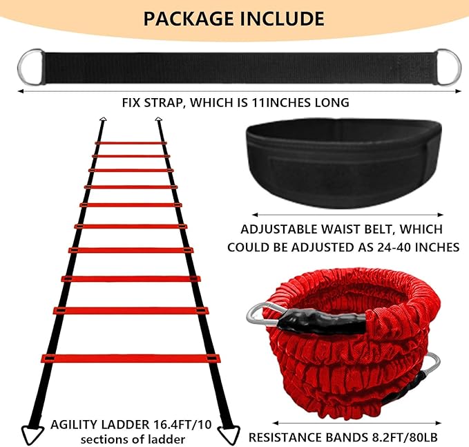 Agility Ladder Speed Training Set, 80lb Resistance Band with Adjustable Waist Belt to Improve Explosive Strength Focus Muscle Suitable for Football Basketball Baseball Jumping Volleyball