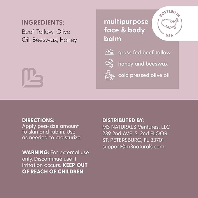 100% Unscented Grass Fed Beef Tallow for Skin, Body and Face | Fragrance Free Moisturizing Honey Balm with Cold-Pressed Olive Oil and Beeswax | Suitable For Dry, Sensitive & Irritated Skin, 2 oz (57g)