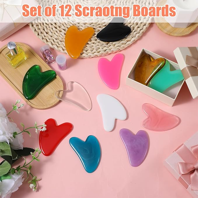 24 Pcs Gua Sha Facial Tool Resin Facial Massage Tools Heart Shaped Gua Sha Stone Guasha Board for Face Body Skin Massage Spa Acupuncture Prevent Wrinkles (12 Colors)