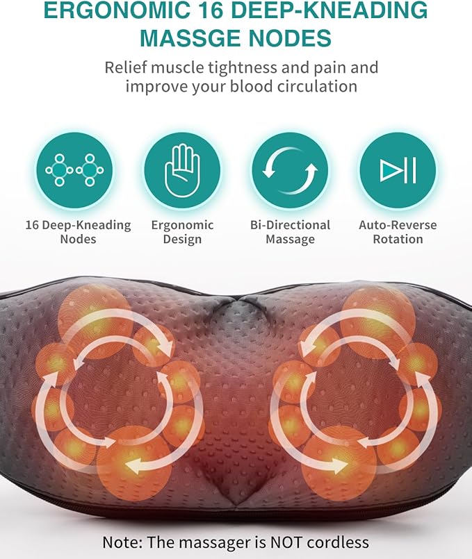 Nekteck Shiatsu Neck Massager with Heat for Pain Relief Deep Tissue, 2026 Upgraded 3D Back Shoulder Kneading Massage Pillow, Body Muscle Relaxation Tools Gifts for Him Her, Black (Cordless)