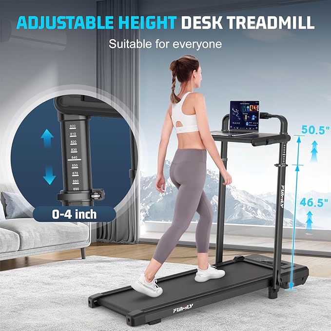 Walking Pad Treadmill with Desk Workstation, 15% Incline Treadmill with Handle Bar, Foldable Treadmills Under Desk for Home/Office, 400 lbs+ Capacity, Adjustable Height, Removable Desk, 3.5HP Motor