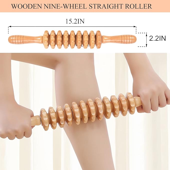 Wood Cellulite Massage Roller Wood Therapy Massage Tools Body Roller Fascia Blaster Lymphatic Drainage Massager for Legs Thighs Muscle Pain Relief(White (White 9-Wheel)