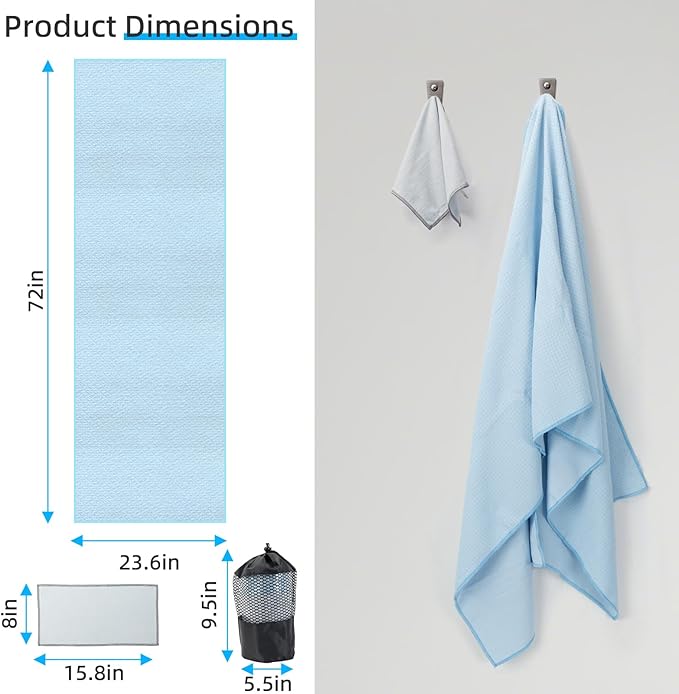 YESLIFE Non-Slip Extra Thick Hot Yoga Towel with One Sweat Towel, Microfiber Sweat Absorbent Yoga Mat Towel with Grip Dot, Pilates Mat, 72" x 24", Light Blue