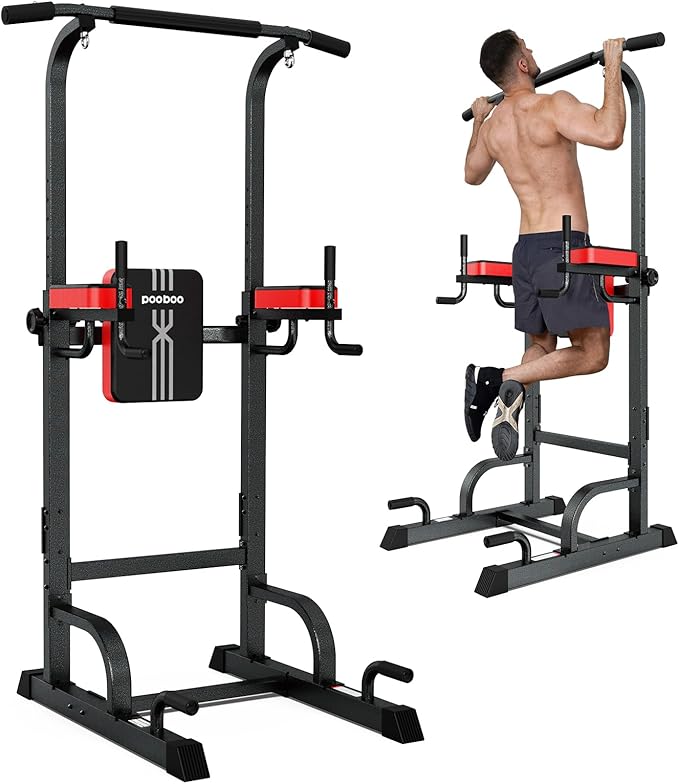 Pooboo Power Tower Dip Station Pull Up Bar for Fitness Home Gym Workout,Multi-Function Adjustable Height Fitness Strength Training Exercise Equipment (Black)