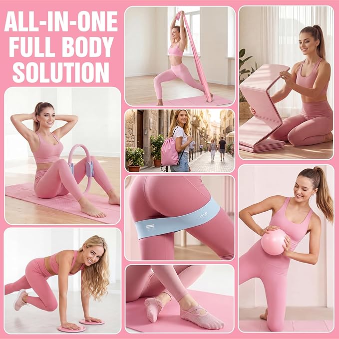 Pilates Kit with Foldable Yoga Mat, Portable Home Workout Pilates Equipment, Lightweight Pilates Set for Travel & Small Spaces,14.5" Pilates Ring and Ball, Resistance Bands & Core Sliders, Pink