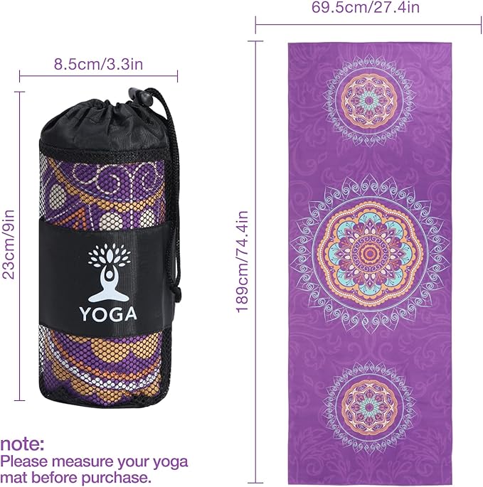 MoKo Yoga Towel, Non Slip Hot Yoga Mat Yoga Blanket Printing Pattern Quick Dry with Corner Pocket for Bikram, Pilates, Gym Workout, Outdoor Picnic, Purple Mandala