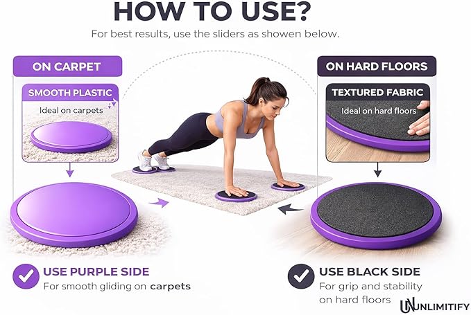 Core Sliders for Carpet & Hard Floors – Dual-Sided Exercise Discs for Home Workouts, Pilates & Ab Training, Smooth & Carpet Gliding Design with Storage Bag (Purple)