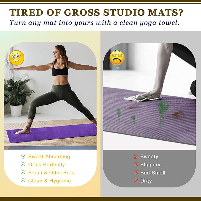 Yoga Mat Towel with Hand Towel, Extra Thick (600GSM) Soft Hot Yoga Towel, Non-Slip and Sweat Absorbent for Hot Yoga, Bikram, Pilates, and Fitness, 72" x 27.5", Dual-Color, Grey/Purple