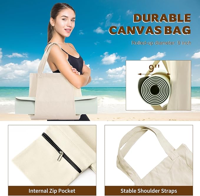 Yoga Mat Carrier, Gym Bag With Yoga Mat Holder, Women Canvas Tote With Shoulder Strap For Pilates, Travel, Office, Sports, Workout And Beach – Inner Zippered Pocket, Fits Standard And Small Mats
