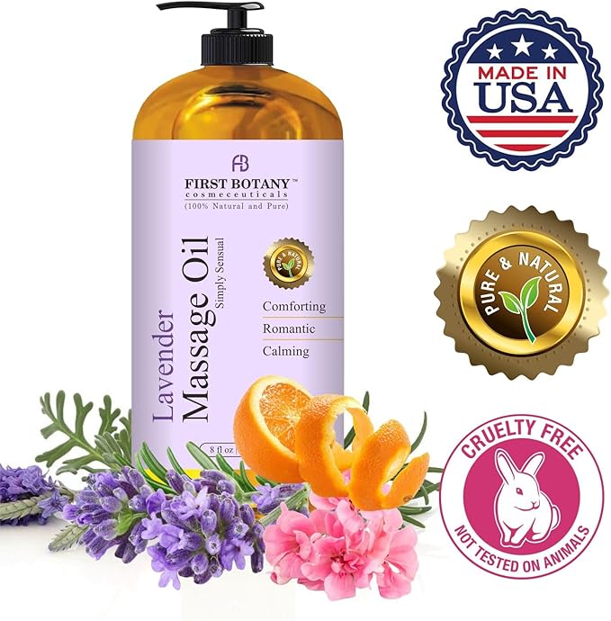 First Botany, Lavender Massage Oil for Couples, 100% Natural Full Body Massage Lotion & Massager, Ideal for use in Aromatic, Relaxing, Sensational Massage & for Aromatherapy for Men & Women, 8 fl oz