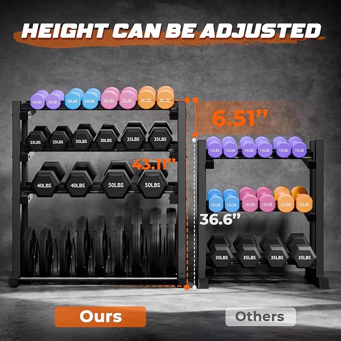 1100LBS Weight Rack for Home Gym, Upgraded 4-Tier Dumbbell Rack, Barbell Holder Bumper Plate Storage Rack with Adjustable Height & Width Design, Heavy Duty Weight Storage Organizer (Rack Only)