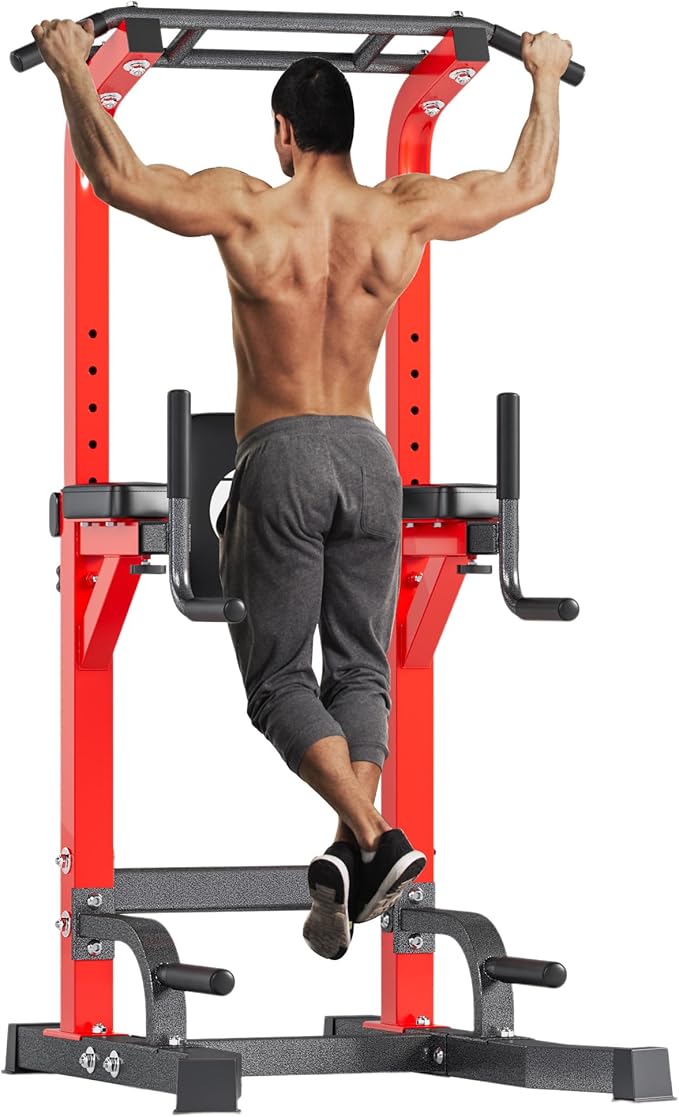 soges Pull Up Bar Dip Station, Power Tower with A Backrest, Adjustable Height Pull Up Bar Stand, Multi-Function Home Gym Strength Training,Red