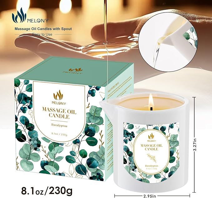 MELONY Soy Massage Candle, Essential Oil Infused, 8.1OZ, Low Temp Body Oil, Intensive Skin Treatment Candles for Relaxation (Eucalyptus)
