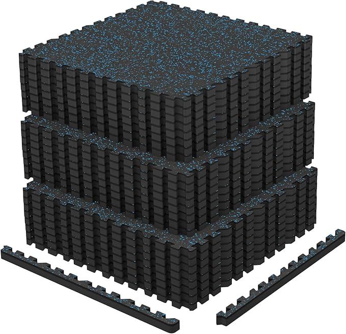 AIRHOP 0.79in Thick 96 Sq Ft Exercise Equipment Mats, 24 Tiles Upgraded Rubber Top with High Density EVA Foam, Large Interlocking Puzzle Gym Flooring for Home Gym, Heavy Weight Workout,Black & Blue