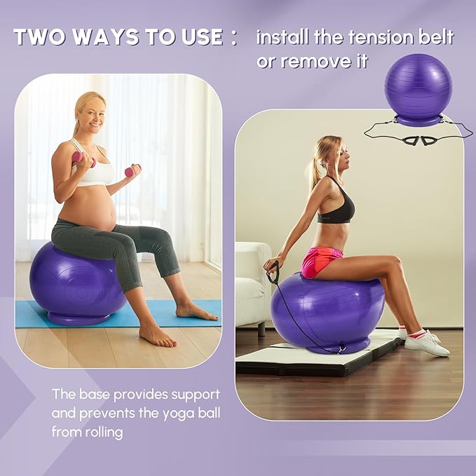 Yoga Ball Chair with Inflatable Stability Base Resistance Bands 65 cm Stability Ball Large Exercise Ball for Home Workout Office Desk Sitting Gym Fitness Back Pain Balance, Include Air Pump