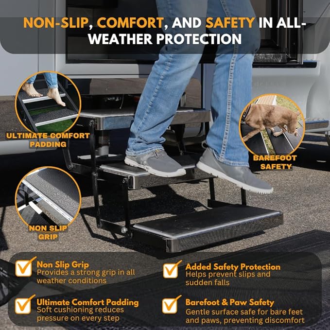 17" x 10" Non‑Slip SeaDek RV Step Treads – 6mm HD Material Embossed SeaDek EVA Foam, All Weather Resistant RV Stair Mats & Step Covers, Outdoor RV Accessory - All Black