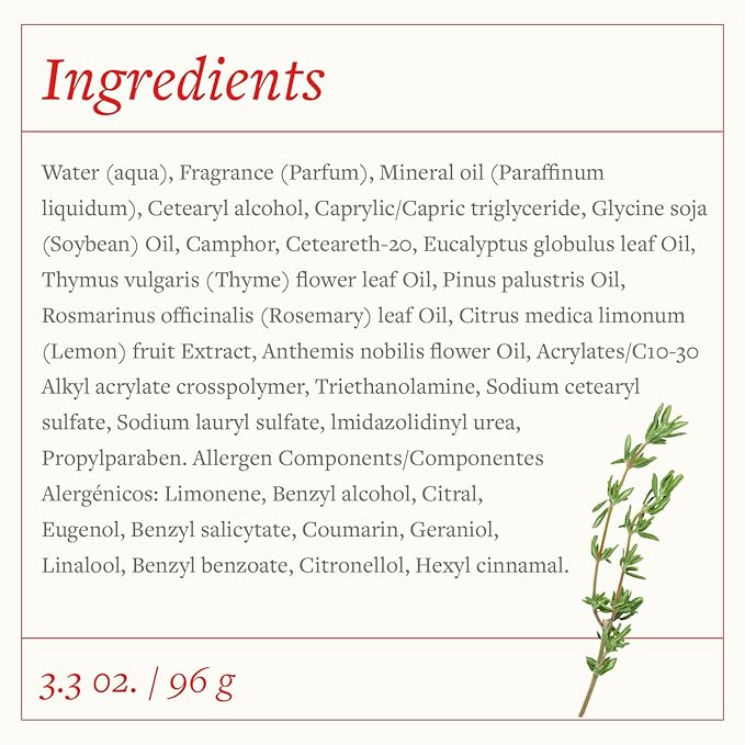 SwissJust Thyme Cream, Thyme Tomillo 96g. Massage Cream with Camphor Oil, Lemon Eucalyptus Chamomile Essential, Rosemary, Soybean, and Pine Essential Oils.