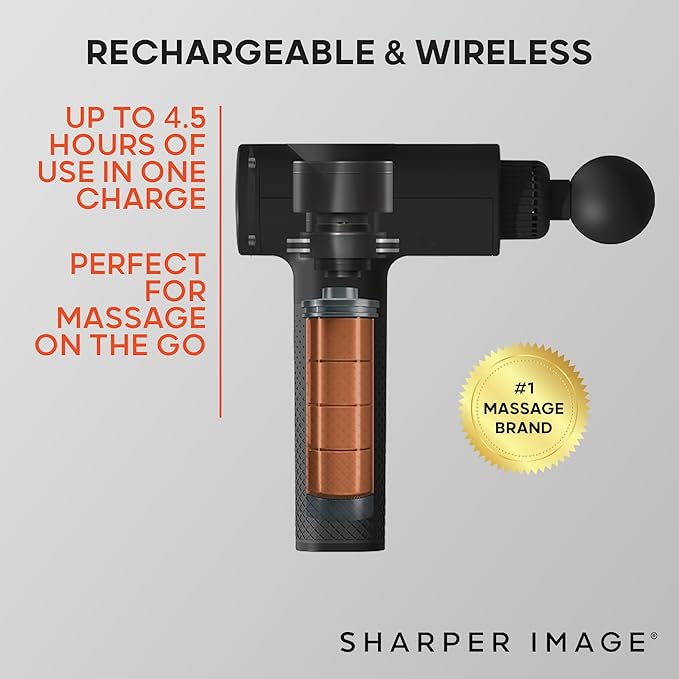 Sharper Image Deep Tissue Percussion Massage Gun, Powerboost Rechargeable Handheld Massager, 6 Adjustable Speeds, 5 Attachment Heads & Carrying Case, Full Body Muscle Pain Relief, Black