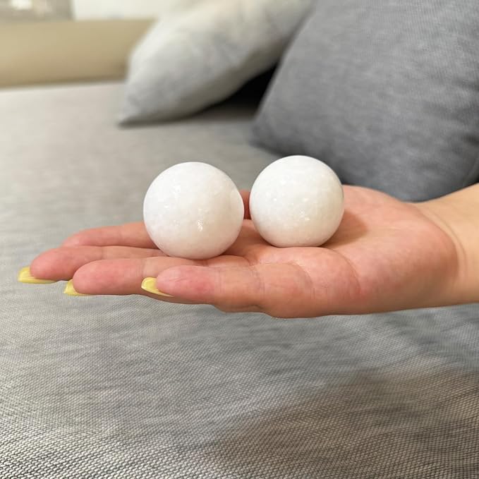 Natural Marble Baoding Chinese Meditation Balls, Stress Relief Hand Exercise Therapy Set with an Upgraded Shockproof Imitation Wood Box, 2-Piece Set,White Medium-1.57"