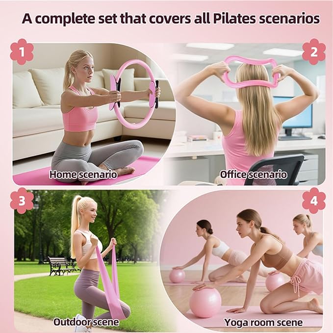 Women's Home Pink Global Pilates 13-Piece Basic Set, Home Pilates Fitness Equipment, Includes Resistance Bands, 14-Inch Magic Circle, Mini Ball, Pilates Strength, Shaping, and Flexibility Starter Kit.