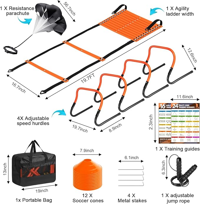Agility Speed Training Equipment Set, Football Practise Set with 20ft Agility Ladder, 12 Cones, 4 Adjustable Hurdles, Jump Rope, for Basketball, Soccer Training, Football, Kids, Youth, Adults