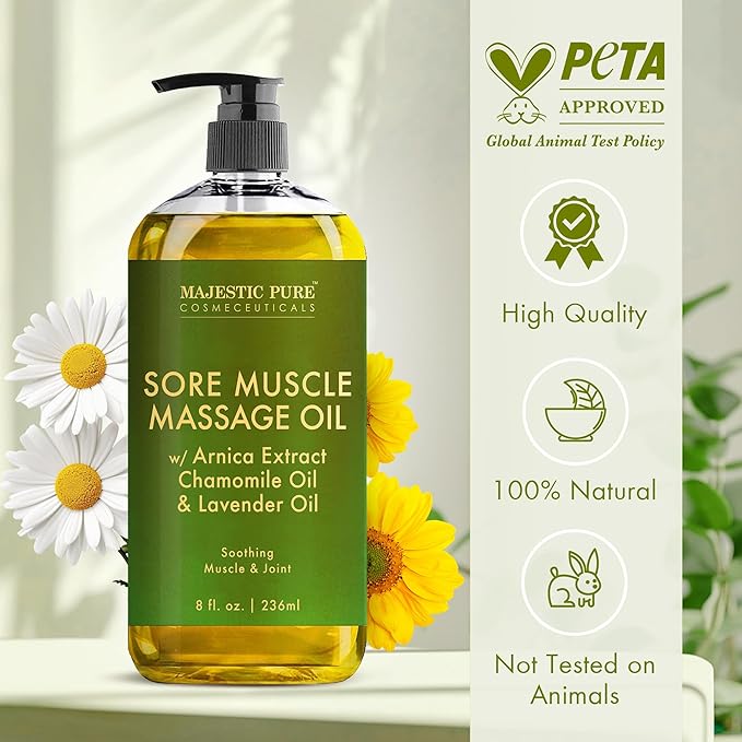 MAJESTIC PURE Arnica Sore Muscle Massage Oil for Massage Therapy - Refreshing and Relaxing - Natural Oils with Lavender & Chamomile Essential Oils - All Skin Types - Men & Women Massage Lotion-8 fl oz