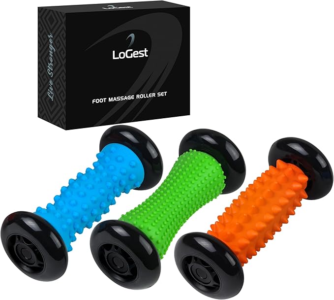 Logest Foot Massage Roller - for Trigger Point Therapy, Injury Rehabilitation & Deep Tissue Massage - Prevent Stiffness & Improve Strength - Silicon with Nodules (Orange - Blue - Green 3 Pack)