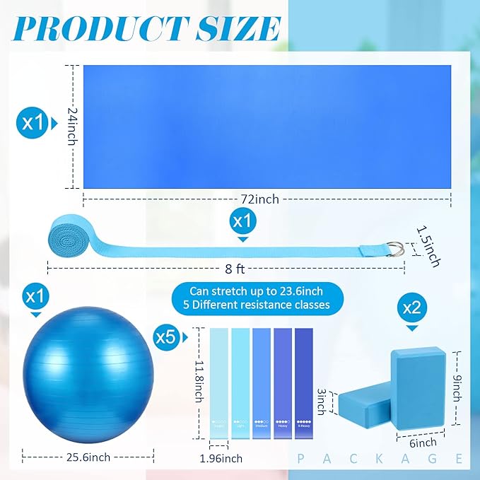Liliful 10 Pcs Yoga Starter Kit Include 6mm Yoga Mat with Carry Strap, 2 Blocks, 65cm Pilates Ball, Stretch Strap, 5 Resistance Bands with Air Pump Home Workout Set for Beginners Women Men Gym