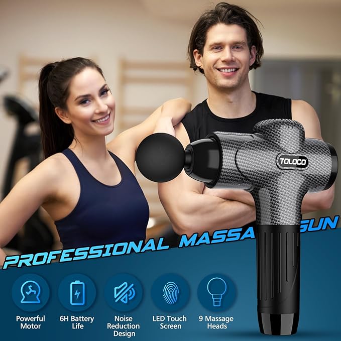 TOLOCO Massage Gun, Upgrade Deep Tissue Back Massager with 10 Replacement Heads, Percussion Massage Guns for Athletes for Pain Relief, Super Quiet Electric Massager for Valentine Gift, Carbon
