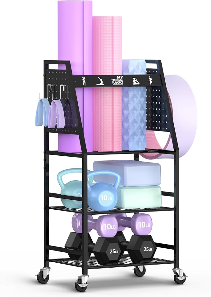 Mythinglogic Yoga Mat Storage Racks,Home Gym Storage Rack for Dumbbells Kettlebells Foam Roller, Yoga Strap and Resistance Bands, Workout Equipment Storage Organizer With Hooks and Wheels