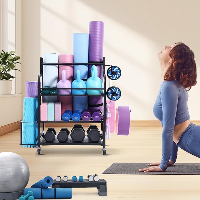 VEVOR Yoga Mat Storage Rack, Home Gym Workout Equipment Organizer, Powder Coated Finish Steel Yoga Mat Holder with Hooks & Wheels, Weight Rack for Dumbbell, Kettlebell, Foam Roller, and Yoga Strap