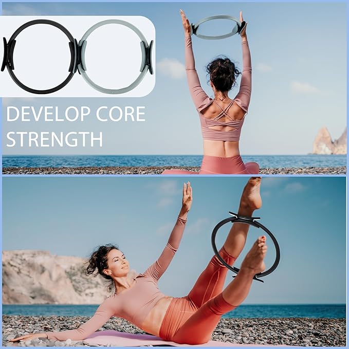 Poen Pilates Equipment Kit for Home Workout Pilates Ring and Ball Set for Women 12'' Circle Yoga Fitness Essentials Kit with Resistance Bands, Yoga Strap, Socks,Bag