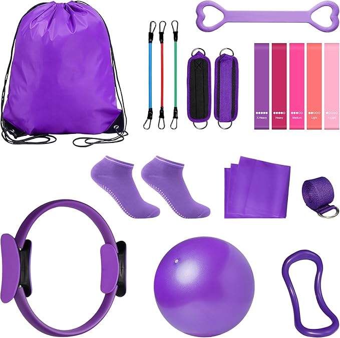 18-Piece Home Pilates Essentials Kit for Women - Complete Workout Equipment Set with Resistance Band, Yoga Ball, Ring, and Anti-Slip Socks (Pink)