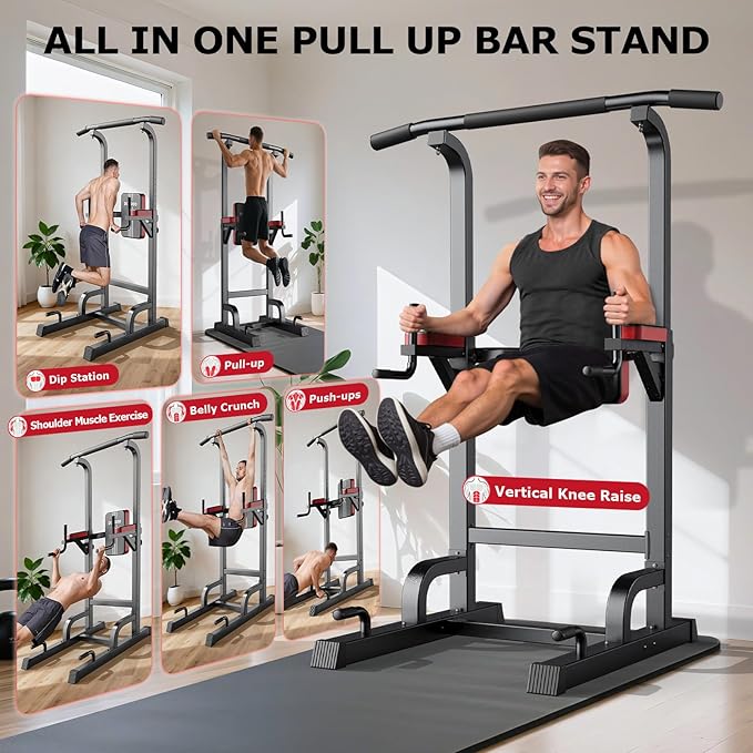 Pooboo Power Tower Dip Station Pull Up Bar for Fitness Home Gym Workout,450 Pounds Multi-Function Adjustable Height Fitness Strength Training Exercise Equipment,with Power Elastic Ropes